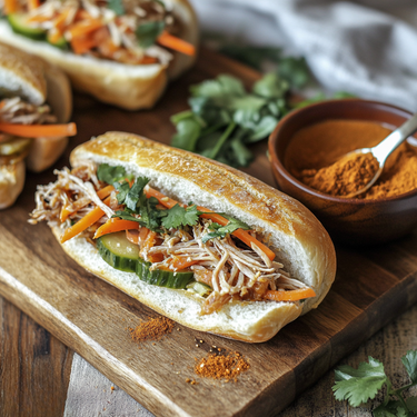 A sandwich filled with shredded meat, crisp veggies, and cilantro sits on a board beside a bowl of Vietnamese Pork Rub and fresh herbs, capturing the vibrant flavors of Southeast Asian street food.